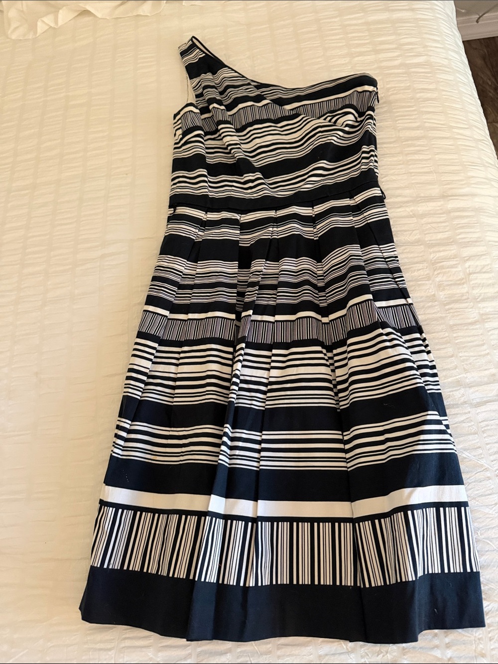 White House Black Market Black and White Striped One-Shoulder A-Line Skirt